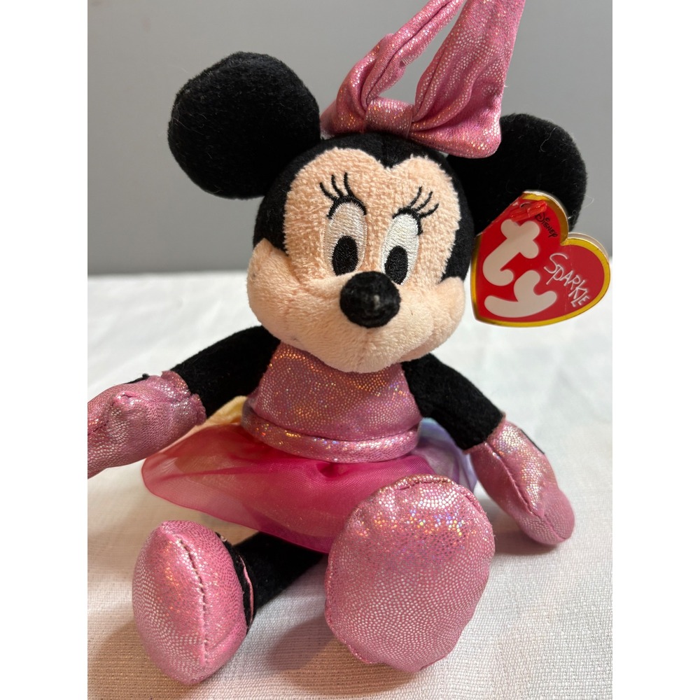 Ty Disney Sparkle Minnie Mouse Plush Rainbow Tutu Pink Metallic Beanie Baby